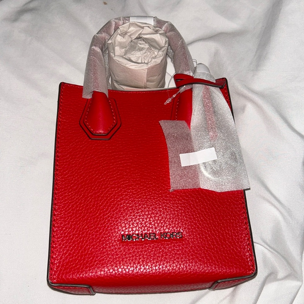 Red Michael Kors Mercer Extra-Small Pebbled Leather Crossbody Bag